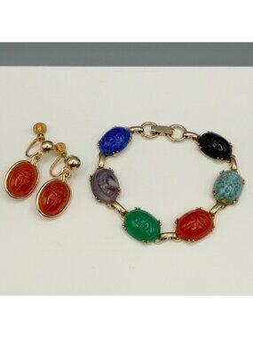 Vintage Scarab Egyptian Revival Bracelet and Earrings Set Multi Color
